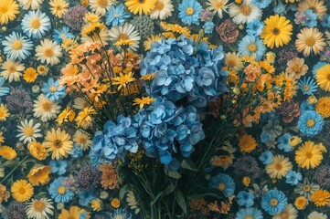 Arrangement of yellow asters and blue hydrangeas with a floral backdrop