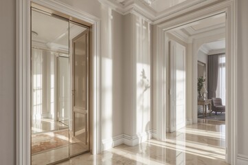 Illuminated hallway featuring a reflective door and wardrobe