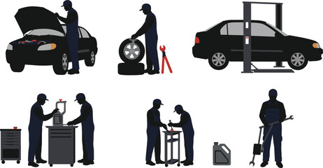 Car repair silhouette illustration, mechanic teamwork, tire change, engine inspection, auto lift service, garage tools, vehicle maintenance, automotive technician concept