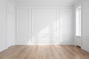 Fototapeta premium Traditional white room featuring wooden floors, decorative moldings, and paneled walls. Photo mockup.