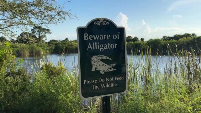 DOLLY SHOT - Beware of Alligator sign warns visitors of hidden dangers next to a pond in Titusville, Florida, USA.