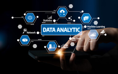 Close-up of a hand using a tablet to engage with a digital display of data analytics concepts, emphasizing big data, machine learning, and network statistics. Tessel