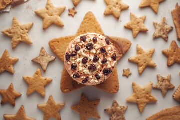 Star-shaped cookies and cake on a white background, isolated food items