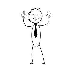 Man showing upward vector illustration. Funny Stick Figure Character. Stickman Business Character Hand Sign and Office Cartoon Illustration. Happy Stick Figure in a Tie with a Smiling line man.