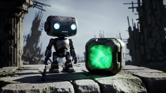 Small robot standing near glowing cube in destroyed city landscape