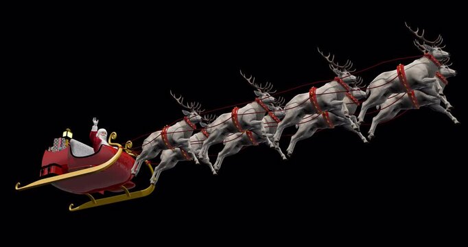 Santa Claus riding sleigh pulled by eight reindeer with gifts on transparent background, Christmas Eve delivery, holiday magic, and celebration. 3d rendering animation. Alpha channel, ProRes 4444.