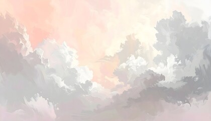 Obraz premium Painterly background with broad, sweeping clouds of white and pale grey against a muted pink and peach sky. Abstract dreamlike soft pastel clouds
