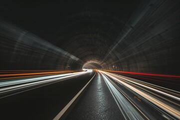 Light streaks from vehicles captured in a tunnel using long exposure photography