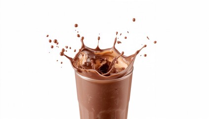 Splash of chocolate milk from a glass on a white background