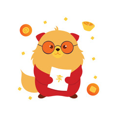 Pekingese Dog Vector Golden Glasses Reading Book Scholarly Illustration