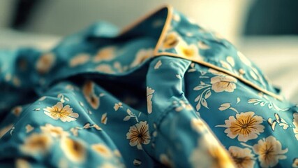 Close-up shot of a blue and yellow floral patterned shirt with intricate details