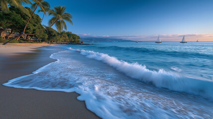 Waves infused with blue energy crash onto a sandy beach lined with palm trees seashells lounging sunbathers on towels and distant sailboats on the horizon captured in a coastal
