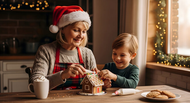 Happy grandmother wearing Santa hat decorating gingerbread house with young grandson at festive kitchen table with cookies, hot cocoa, and Christmas lights