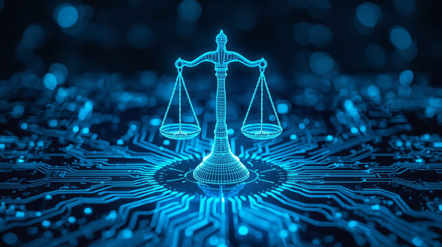 Digital Justice Scales: Futuristic Wireframe Scales of Justice on Blue Circuit Board Background for Cyber Law and AI Ethics

