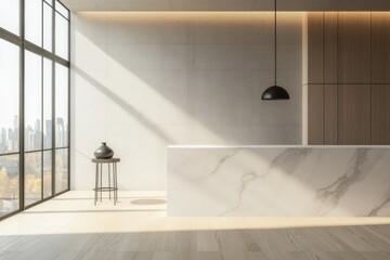 Modern minimalist kitchen interior with marble island, large windows, and natural light ideal for architecture portfolios, real estate marketing, and design presentations