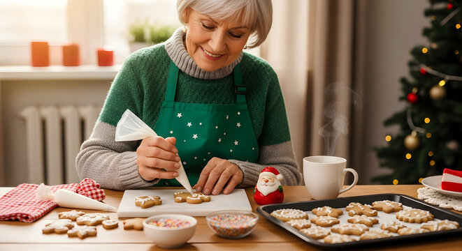 Smiling senior woman in festive apron decorating gingerbread cookies with icing, surrounded by sprinkles, coffee, and Christmas tree lights
