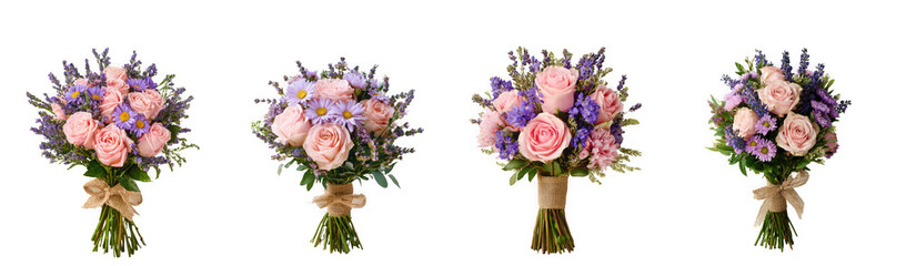 Four beautiful bouquets of pink roses and lavender flowers tied with twine isolated on transparent background