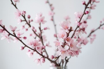 Delicate pink and white cherry blossom stems arranged in a vase with a bright, soft background perfect for romantic or floral artwork.