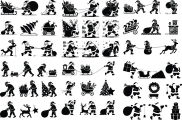Santa Claus Pulling Silhouette Icon Set Christmas Santa Vector Silhouette Collection