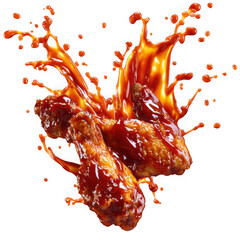 Three buffalo chicken wings with hot sauce splashing around isolated on transparent background