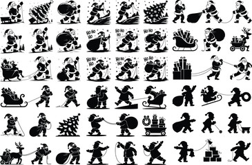 Santa Claus Pulling Silhouette Icon Set Christmas Santa Vector Silhouette Collection