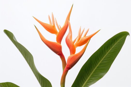 Heliconia (H rostrata Ruiz & Pavon) showcasing vibrant blossoms against a white backdrop