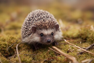 Fototapeta premium Straw-crafted hedgehog figure, natural wildlife toy with moss detail