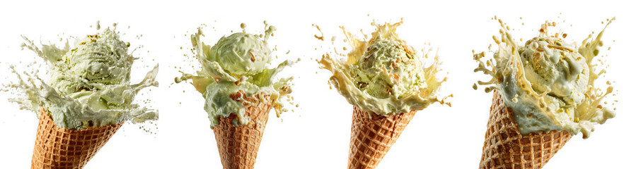 Four ice cream cones with pistachio ice cream splashing out isolated on transparent background