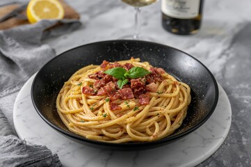 Classic Spaghetti Carbonara Featuring Crispy Bacon in Creamy Sauce on a Dark Plate with a Glass of White Wine in the Backdrop