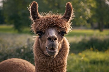 Obraz premium Close-up of a fluffy brown llama in a rural setting