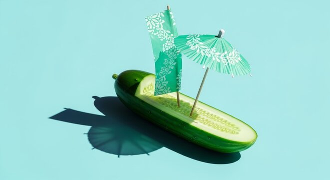 Creative cucumber boat sailing on bright turquoise sea, a whimsical summer adventure for healthy living and playful marketing