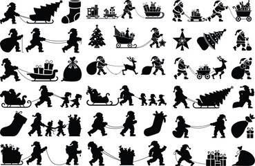 Santa Claus Pulling Silhouette Icon Set Christmas Santa Vector Silhouette Collection