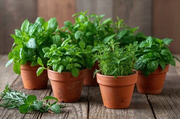 Fototapeta premium Small terracotta containers holding herbs