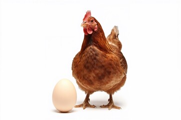 Fototapeta premium Single hen with egg on white background, studio photo