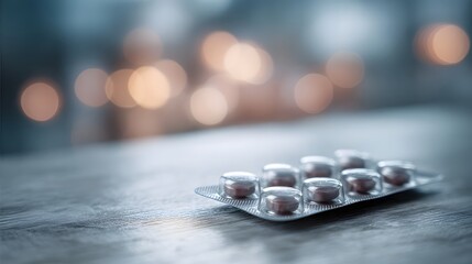 A blister pack of red pills rests on a wooden table with a blurred background of bokeh lights
