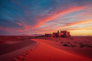 Obraz premium Ancient fortress at a desert oasis surrounded by vibrant colors and natural beauty