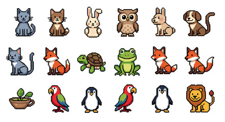 Fototapeta premium A diverse collection of cute pixel art animals in a retro arcade game style, perfect for digital design, sprite sheets, and gaming assets. Vector illustration. SVG.