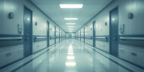 Empty Hospital Hallway with Blue Doors