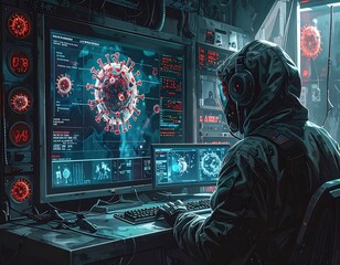 Futuristic scientist in a lab monitoring a virus