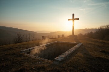 Sunrise Scene Featuring the Empty Tomb and a Cross for Easter