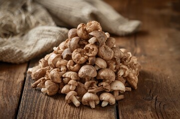 Fototapeta premium Stacked dried edible mushrooms ready for sale on a wooden surface