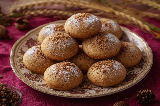 Classic Middle Eastern festive cookies for Islamic holiday celebrations, typically dusted with powdered sugar and filled with assorted nuts like hazelnuts, walnuts, and ajamiya.