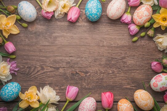 Spring-themed backdrop featuring decorated eggs and vibrant flowers on a rustic wooden surface