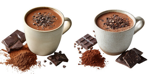 Two cups of hot chocolate with chocolate shavings and pieces isolated on transparent background