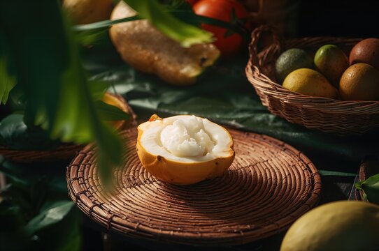 Tropical egg-shaped fruit displayed at a market with natural background