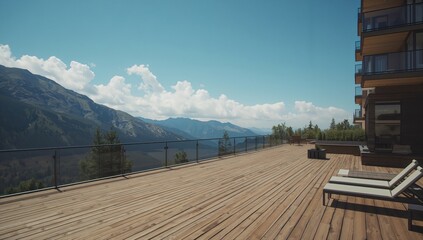 A modern and spacious wooden patio offering breathtaking views of the mountains in an excellent spot.