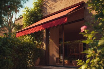 A modern house section featuring a red canopy.