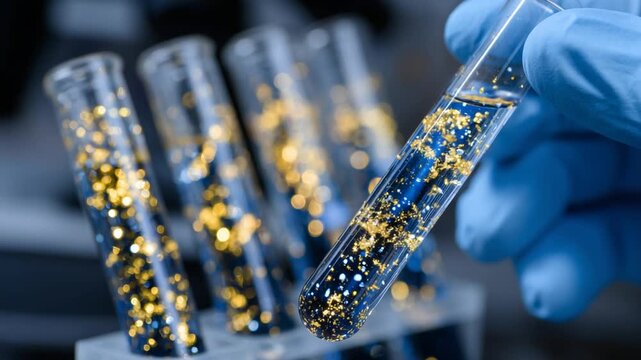 Scientists in protective gloves mix nanoparticle solutions in vials, with glowing microfiber reflections under LED light in a blurred lab setting.
