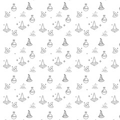 Halloween Seamless Pattern: Witch Hats, Potions, and Stars in Outlined Style
