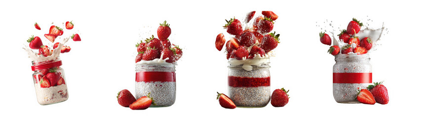 Four glass jars filled with fresh strawberries and cream, isolated on transparent background